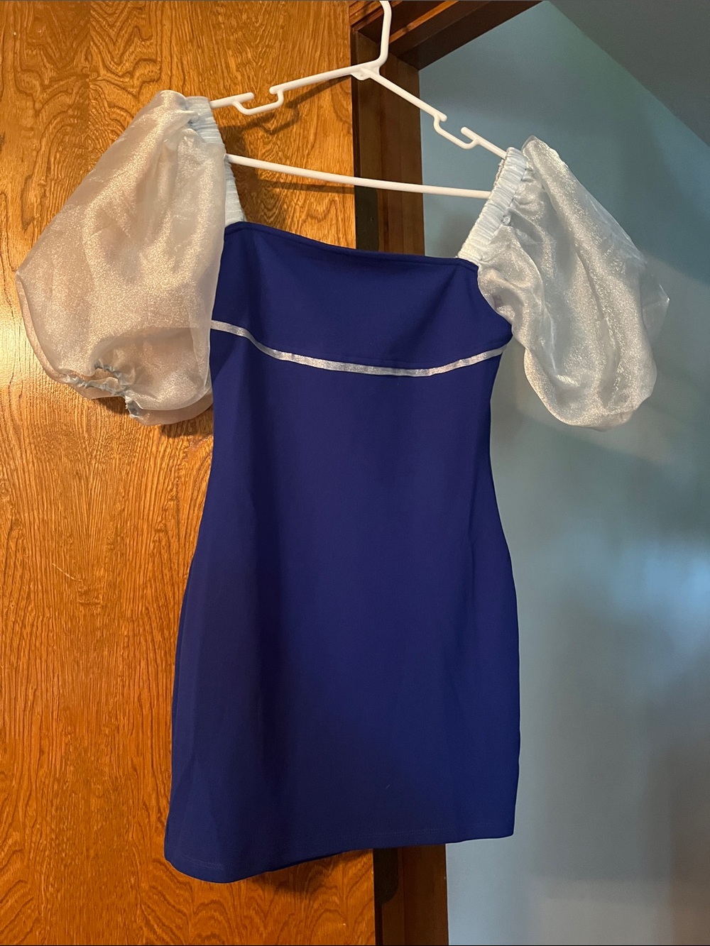 Blue Mini Dress with Sheer Puff Sleeves